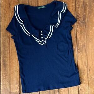 Women’s Ralph Lauren classic navy sailor short sleeve top ruffle collar nautical